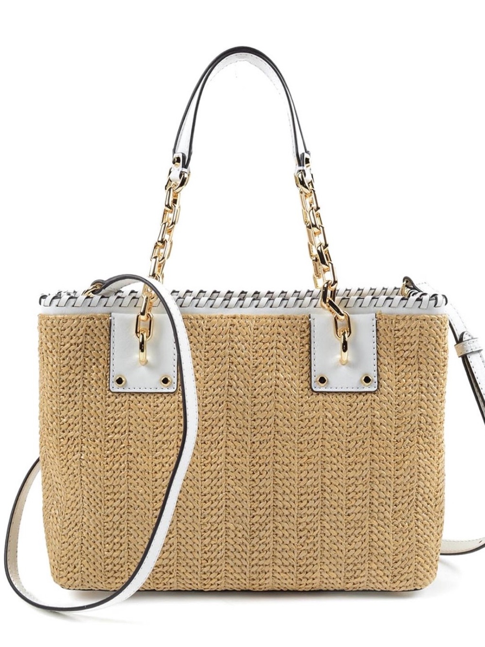 Michael Kors Woven Straw Tote Bag with White Trim and Gold Chain Accents